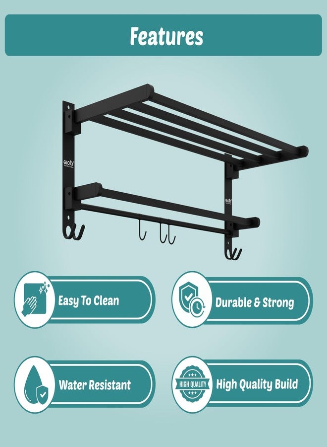 Gloxy Towel Rack in Bathroom | Stainless Steel Towel Holder in Bathroom | Folding Wall Mounted Towel Rack with Shelf - Durable, Space-Saving Foldable Towel Holder - Black Mat Finish (Non-Adhesive) - Image 4